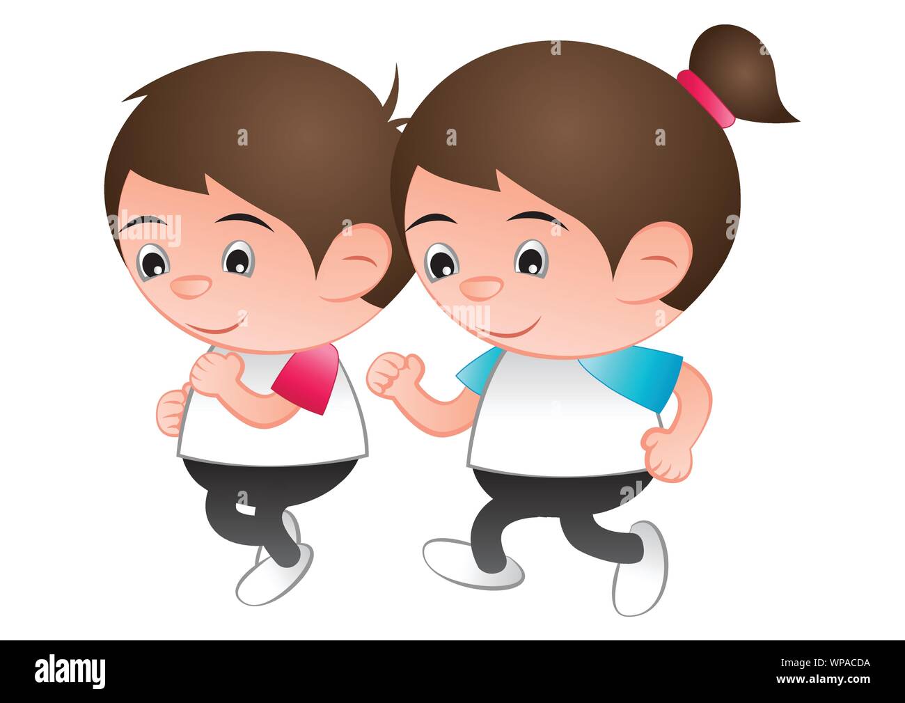 bubble head boy and girl cartoon jogging run isolated white background,vector illustration Stock