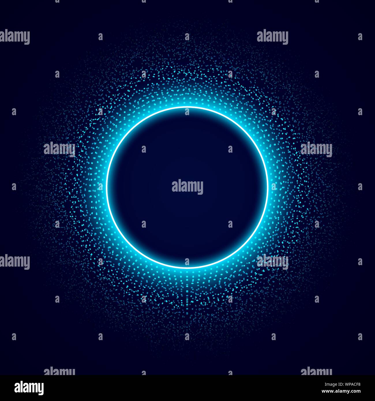 Neon circle with dots light effect on black background. Audio equalizer. Sound impulse visualization. Vector illustration. Stock Vector