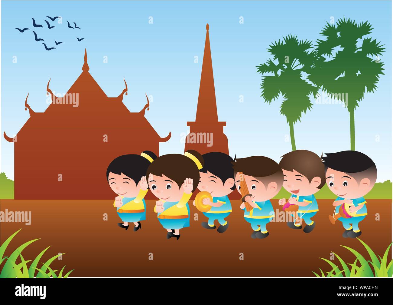 Thai music band dancer,tom tom,reed and organ. For festival and ceremony,big bubble head cartoon design with scenery,vector illustration Stock Vector