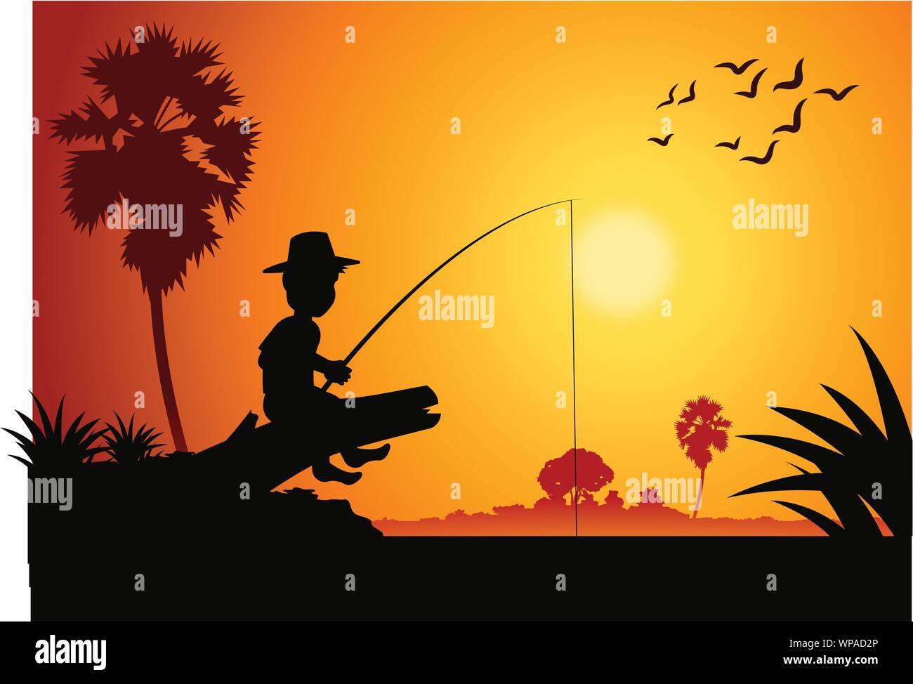 boy fishing at riverbank to catch fish,around with country rural life, silhouette style,vector illustration Stock Vector Image & Art - Alamy