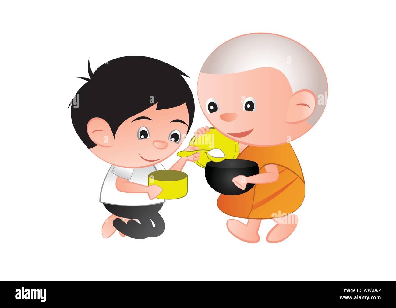Buddhist give food offering to a monk or ask as a favor receive food or ask for alms,routine of monk,isolated,vector illustration Stock Vector