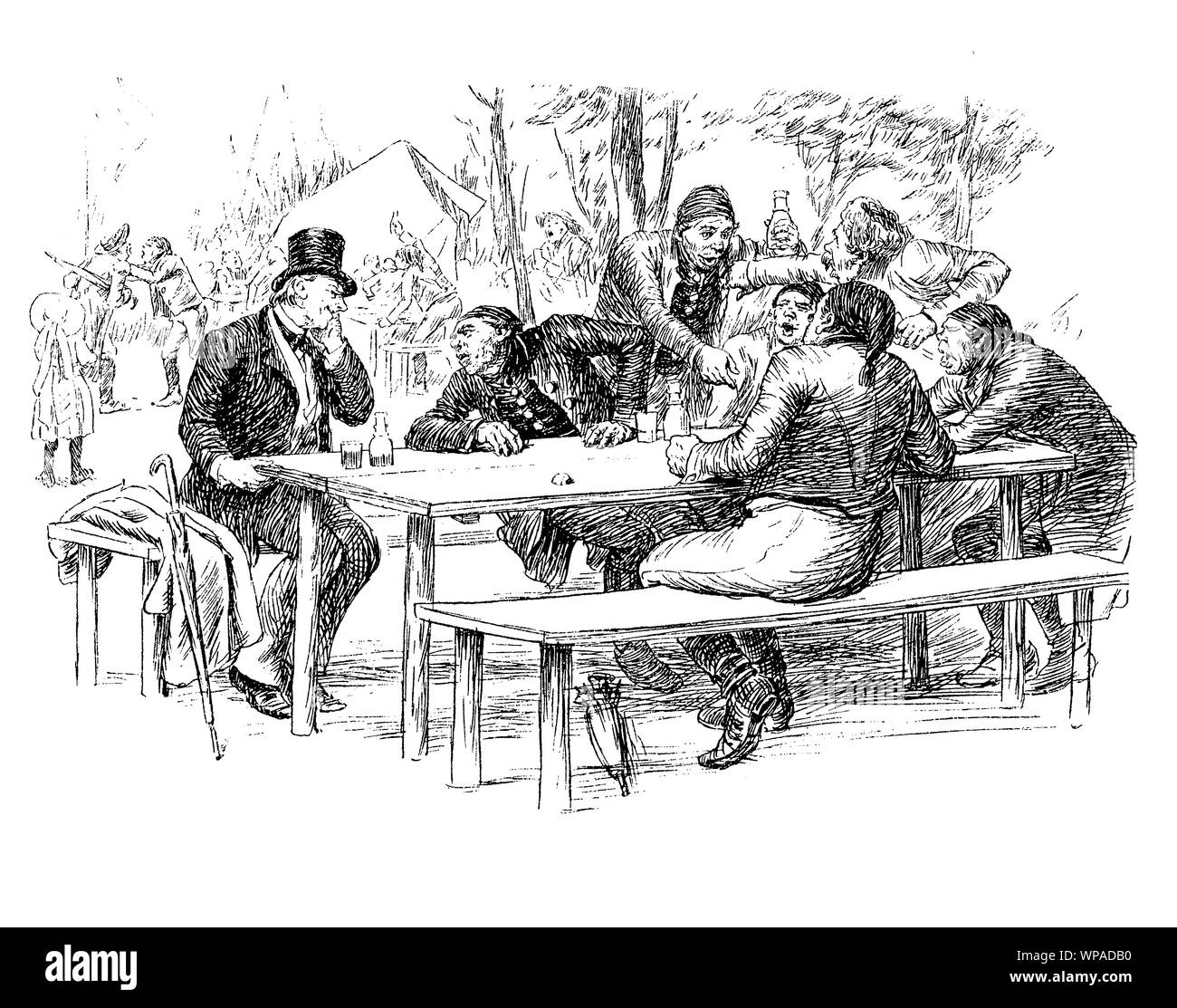 German satirical magazine of humor and caricatures: typical beer garden vignette, group of regulars of different social classes sitting outside drinking and chatting Stock Photo