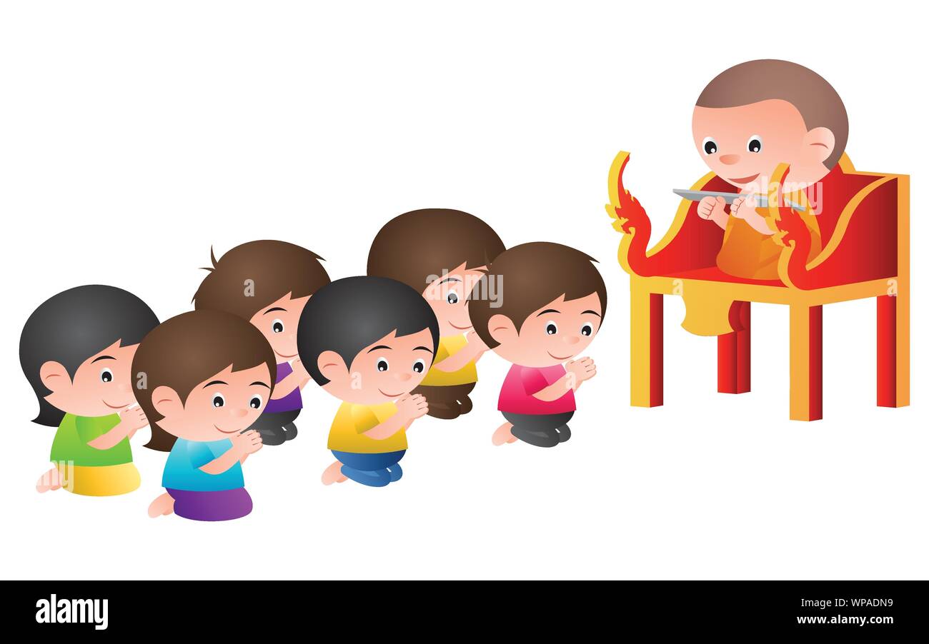Monk Sit On A Pulpit In The Form Of An Elaborately Carved Seat To Teach Dharma To Buddhist In Buddhism Day Isolated Big Head Cartoon Version Vector I Stock Vector Image Art