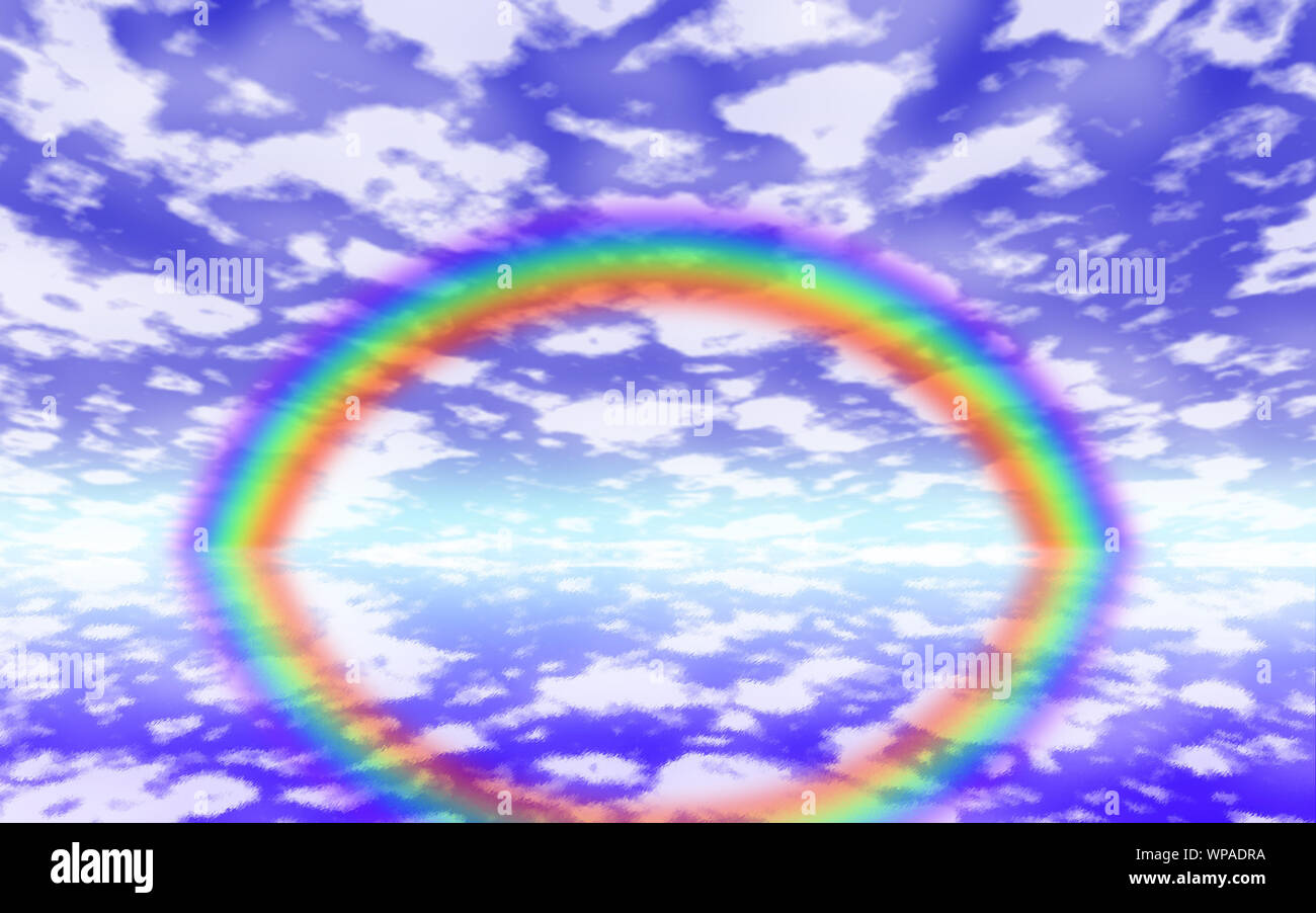 Illustration of clouds with rainbow in the blue sky Stock Photo - Alamy