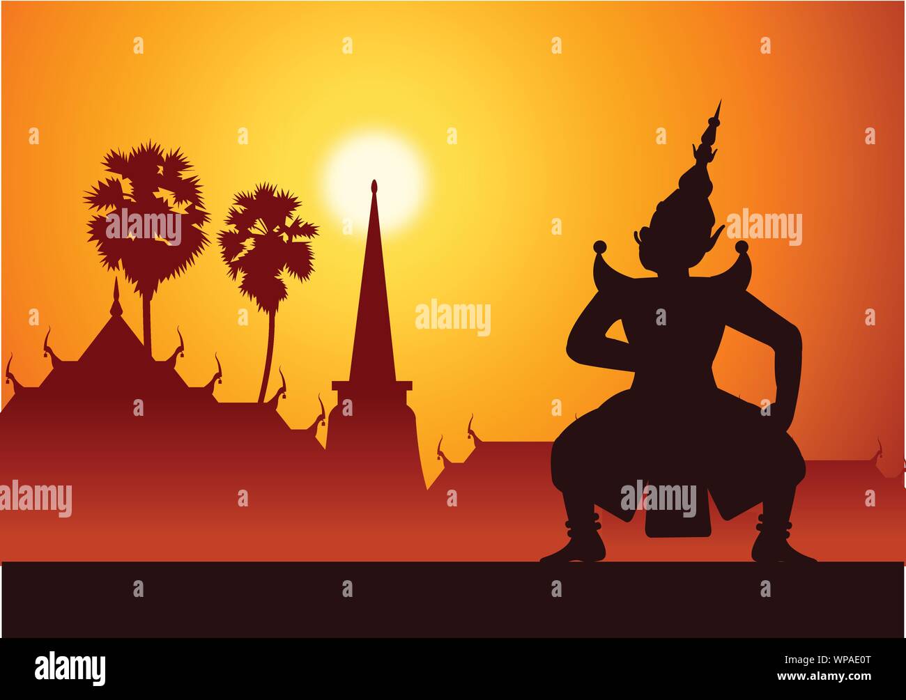 Thai ancient literature play,Ramayana,king of giant ready to fight,silhouette style,scenery background,vector illustration Stock Vector