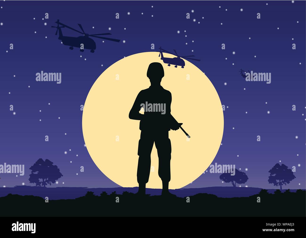 soldier hold gun stand to defend at night,helicopter fly above Stock Vector