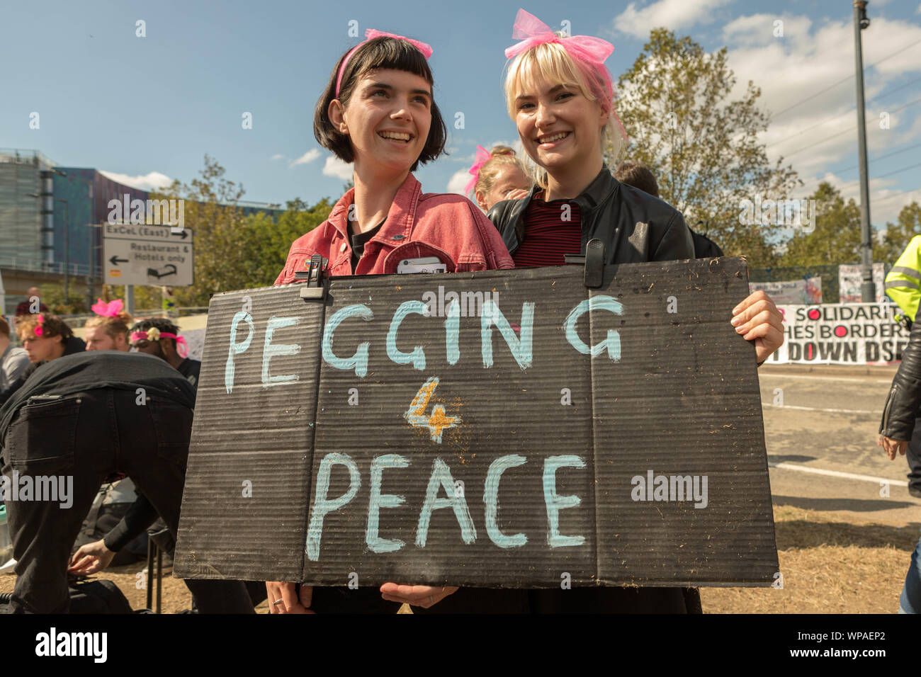 Excel Centre, London, UK. 8th Sept 2019. Protesters outside the DSEI ...