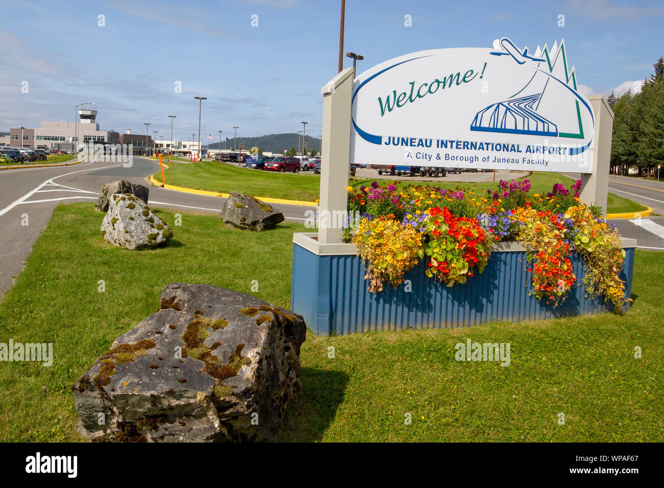 Juneau International Airport in Juneau, Alaska  the Alaska State Capitol. Stock Photo