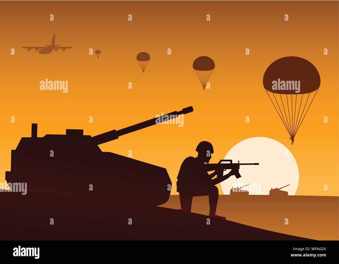 soldier sit near by tank ready to shoot  paratrooper down behind military vehicle ahead to target Stock Vector