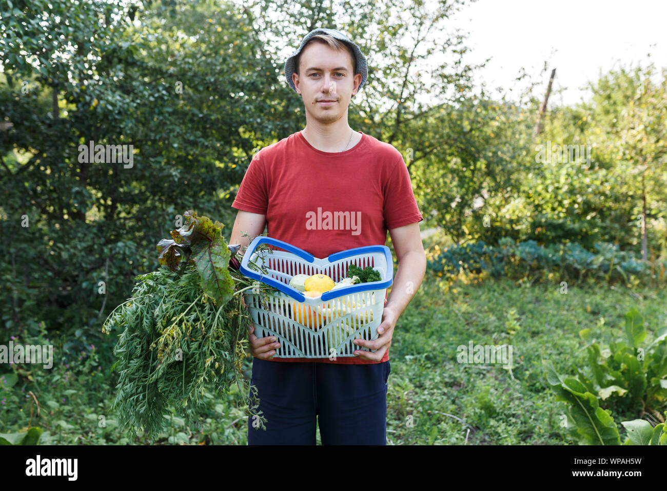 A farmer boy is holding basket with vegetables at green farm at sunset Stock Photo