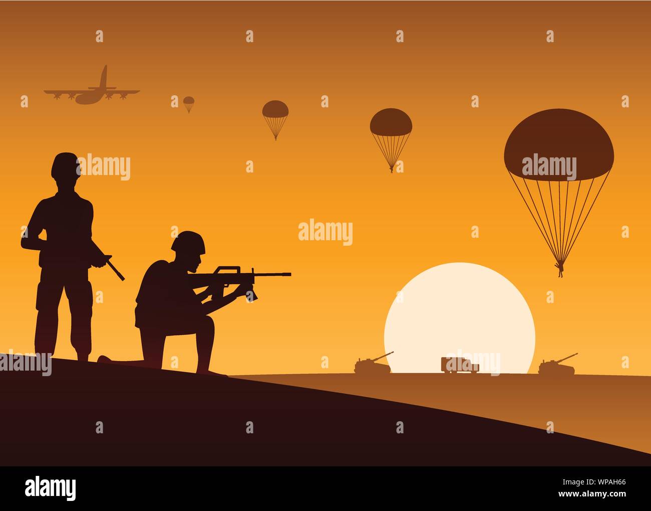 soldier hold gun and another ready to shoot,paratrooper down and vehicle move to target Stock Vector