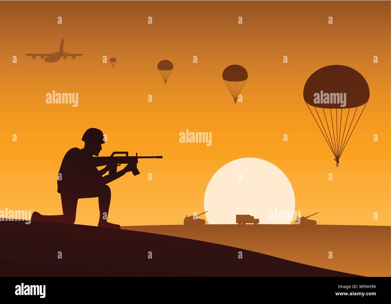 soldier ready to shoot paratrooper down behind military vehicle ahead to target Stock Vector