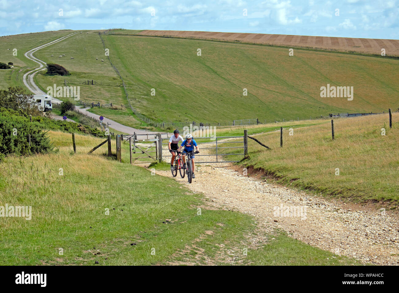 Two cyclists people riding bikes on a trail up a hill on the South Downs Way in East Sussex, England Great Britain UK  KATHY DEWITT Stock Photo