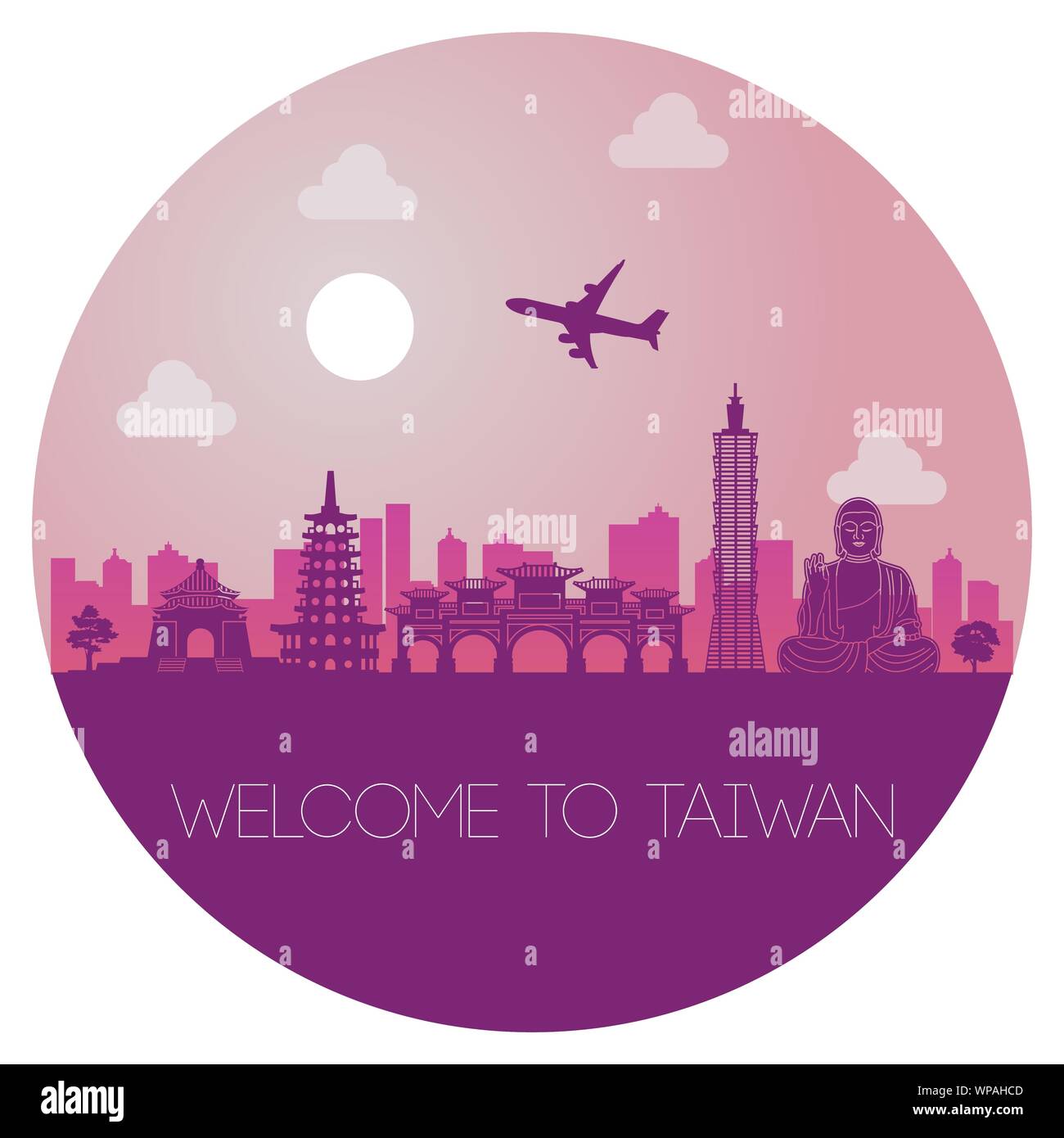 top famous landmark of Taipei in circle,silhouette design pink color,vector illustration Stock Vector