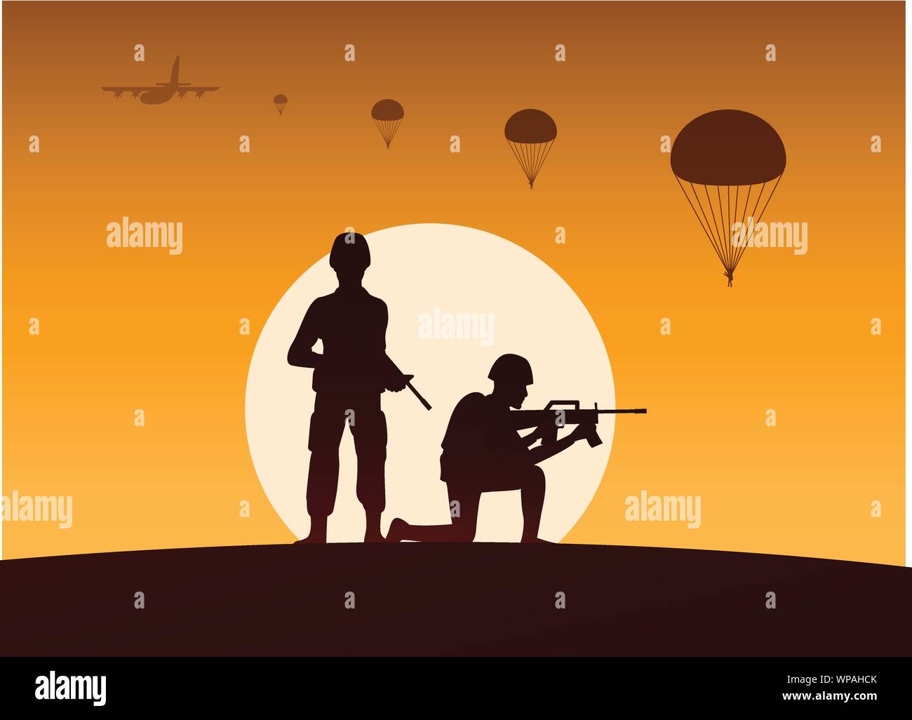 soldier hold gun another ready to shoot,paratrooper down behind,silhouette style Stock Vector