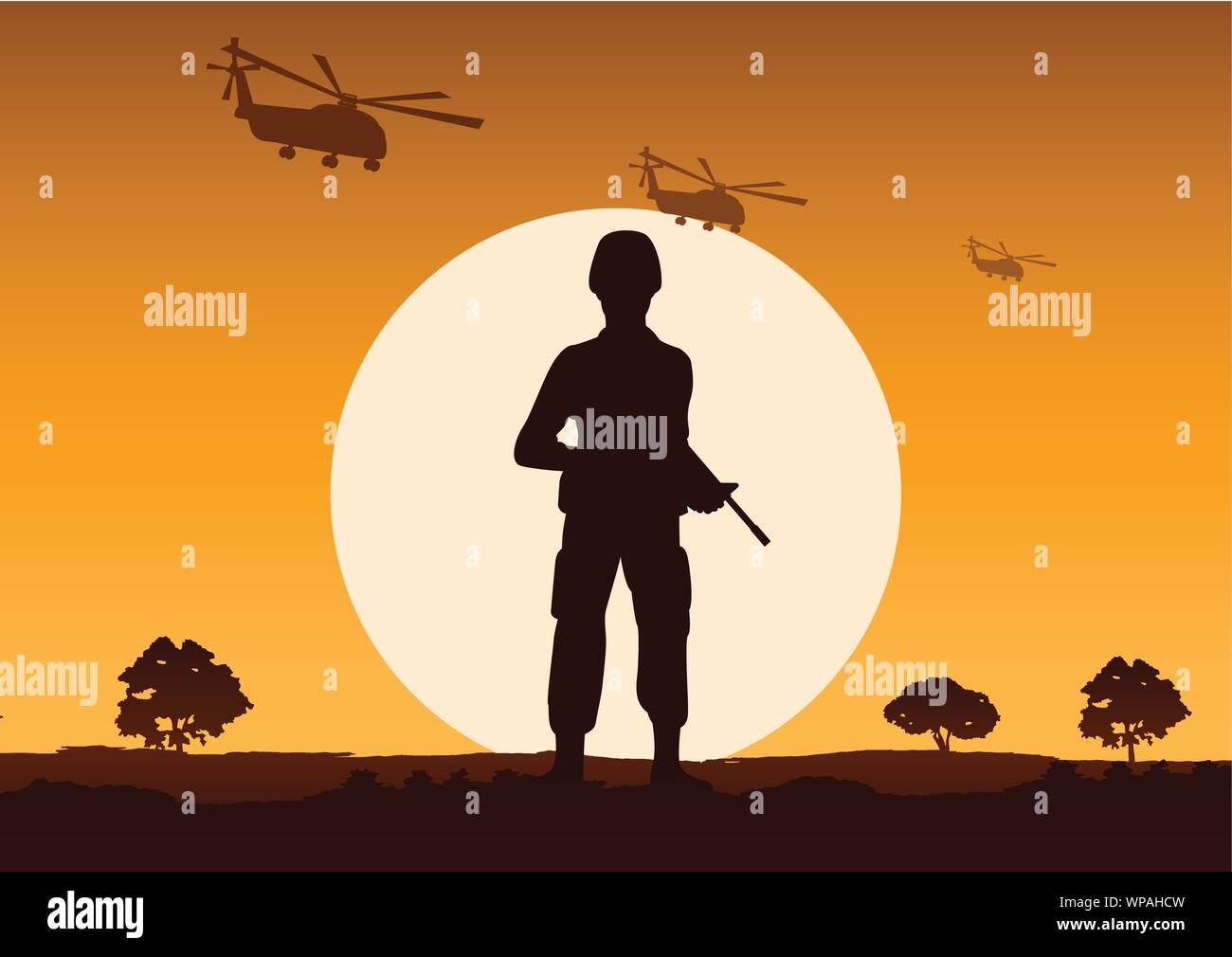 soldier hold gun stand to defend strong point,helicopter fly above Stock Vector