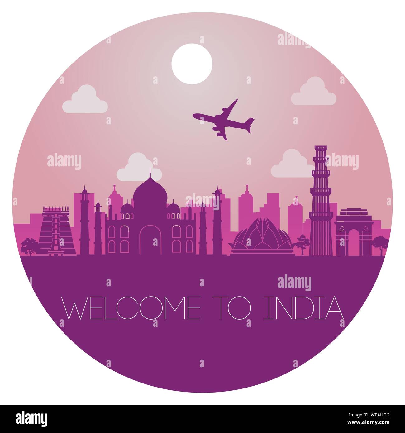 top famous landmark of India in circle,silhouette design pink color,vector illustration Stock Vector