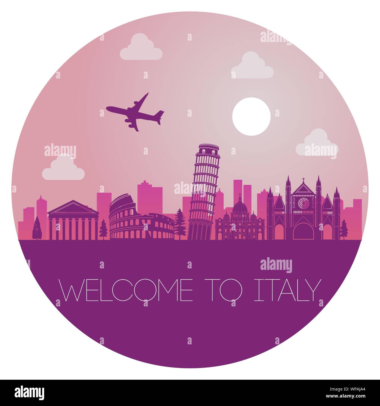 top famous landmark of Italy in circle,silhouette design pink color,vector illustration Stock Vector