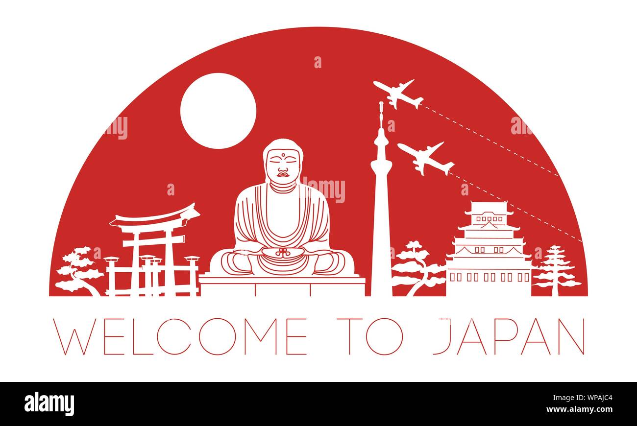Japan top famous landmark silhouette and dome with red color style,travel and tourism,vector illustration Stock Vector