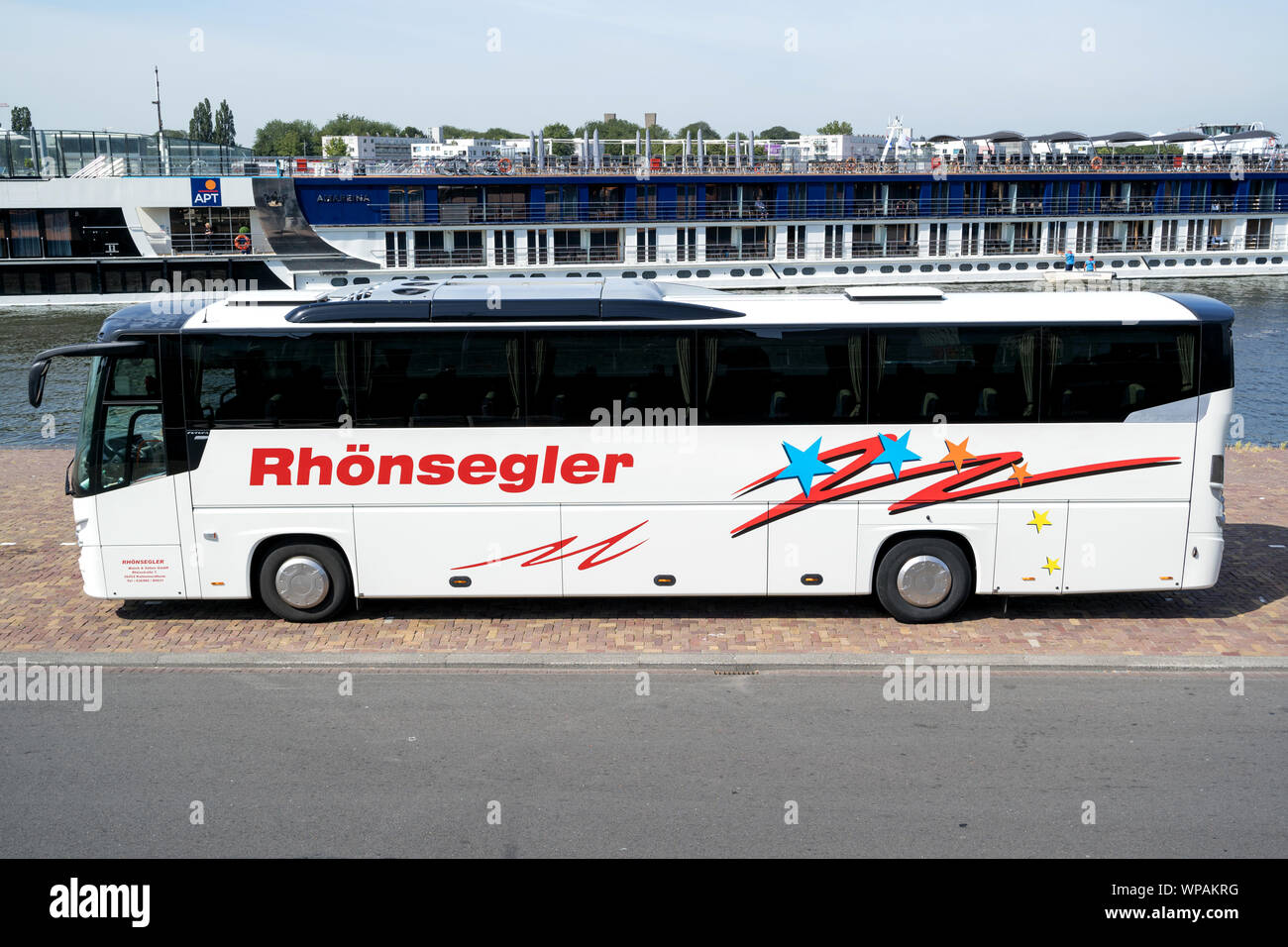 Rhönsegler coach at Amsterdam river cruise ship pier. Stock Photo