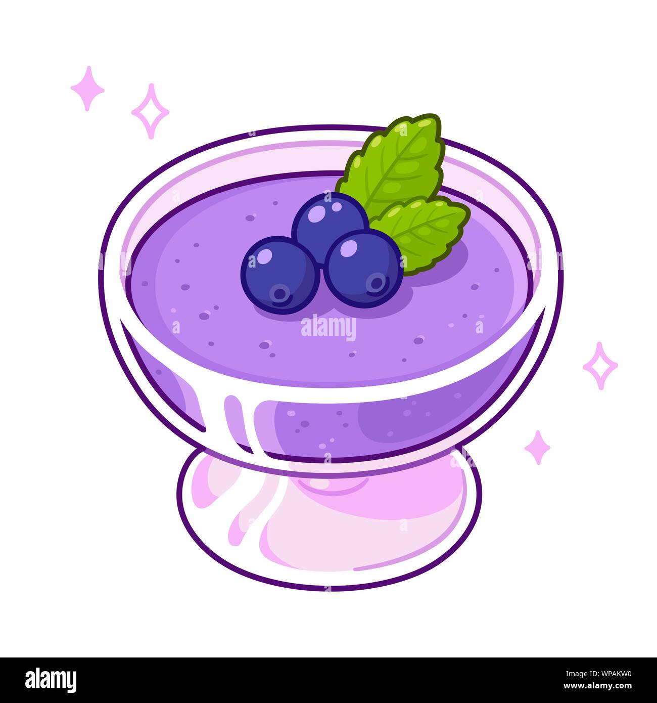Blueberry mousse dessert in glass decorated with fresh berries and mint