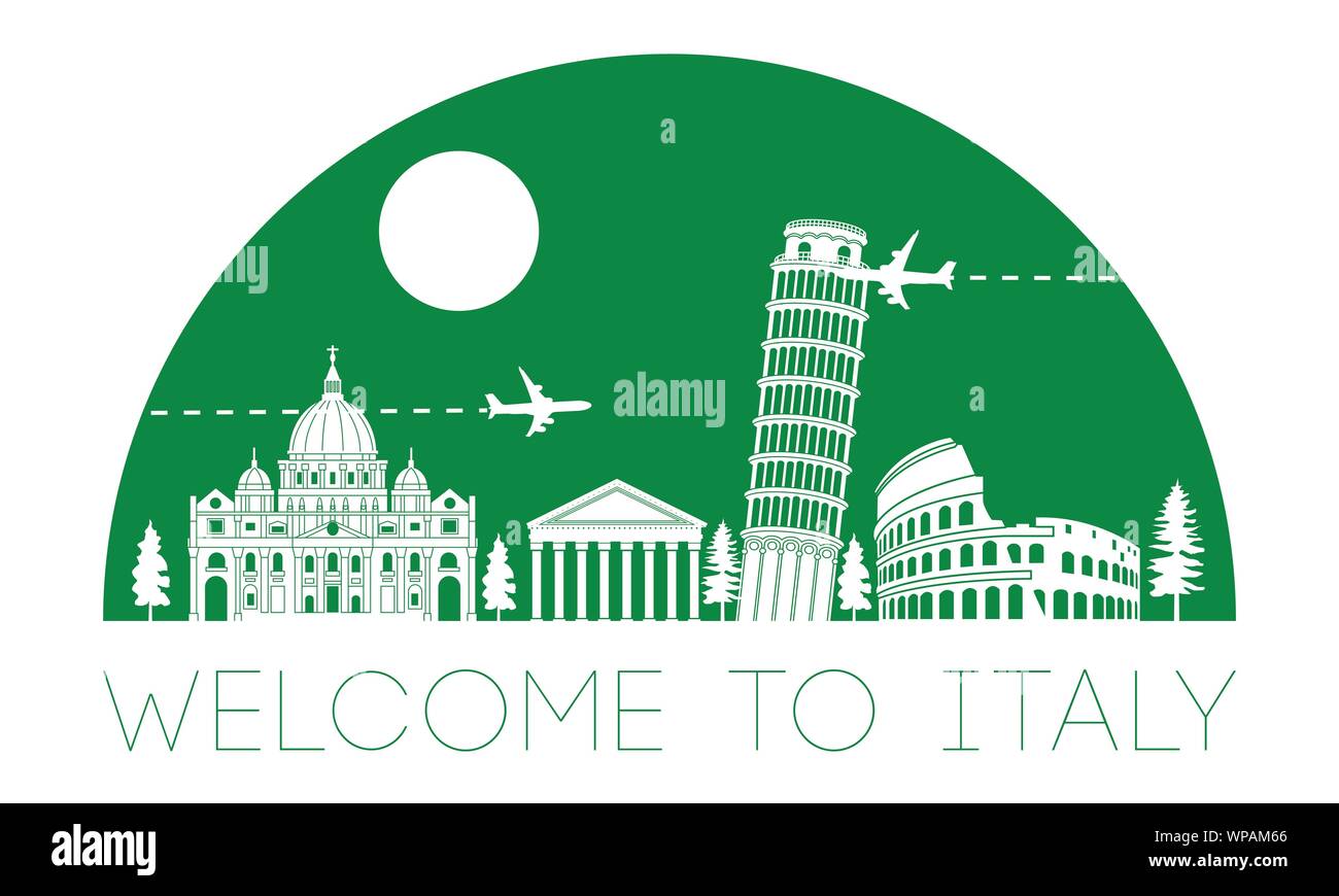 Italy top famous landmark silhouette and dome with green color style,travel and tourism,vector illustration Stock Vector