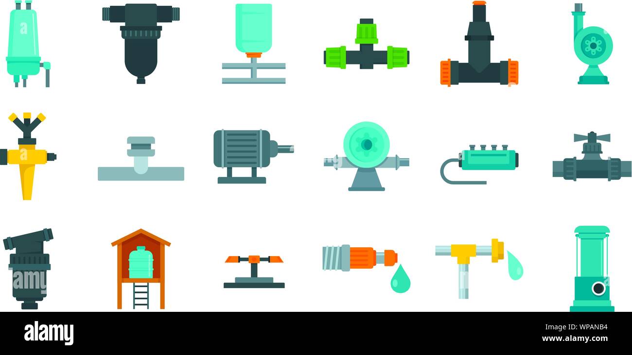 Irrigation system icon set. Flat set of irrigation system vector icons