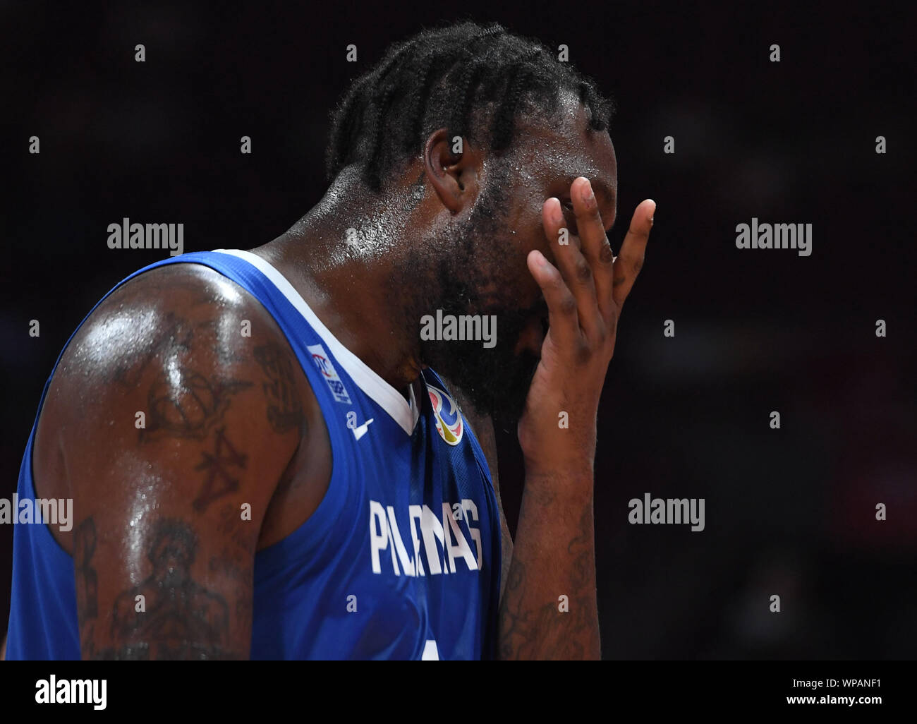 Beijing, China. 8th Sep, 2019. Andray Blatche of the Philippines reacts ...
