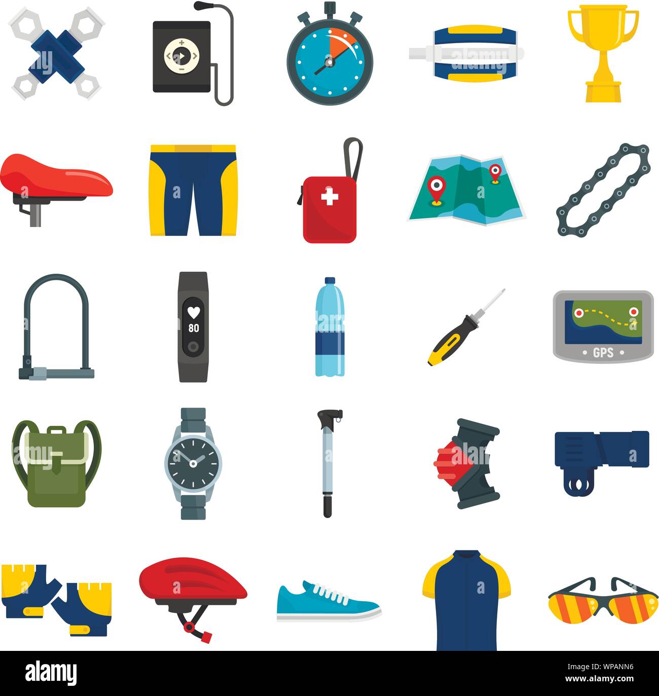 Cycling equipment icons set. Flat set of cycling equipment vector icons for web design Stock Vector