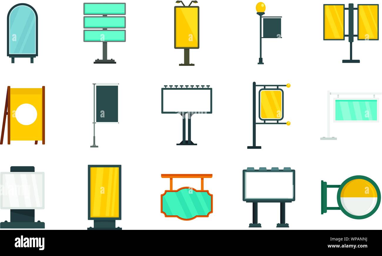 Outdoor advertising icons set. Flat set of outdoor advertising vector icons for web design Stock Vector
