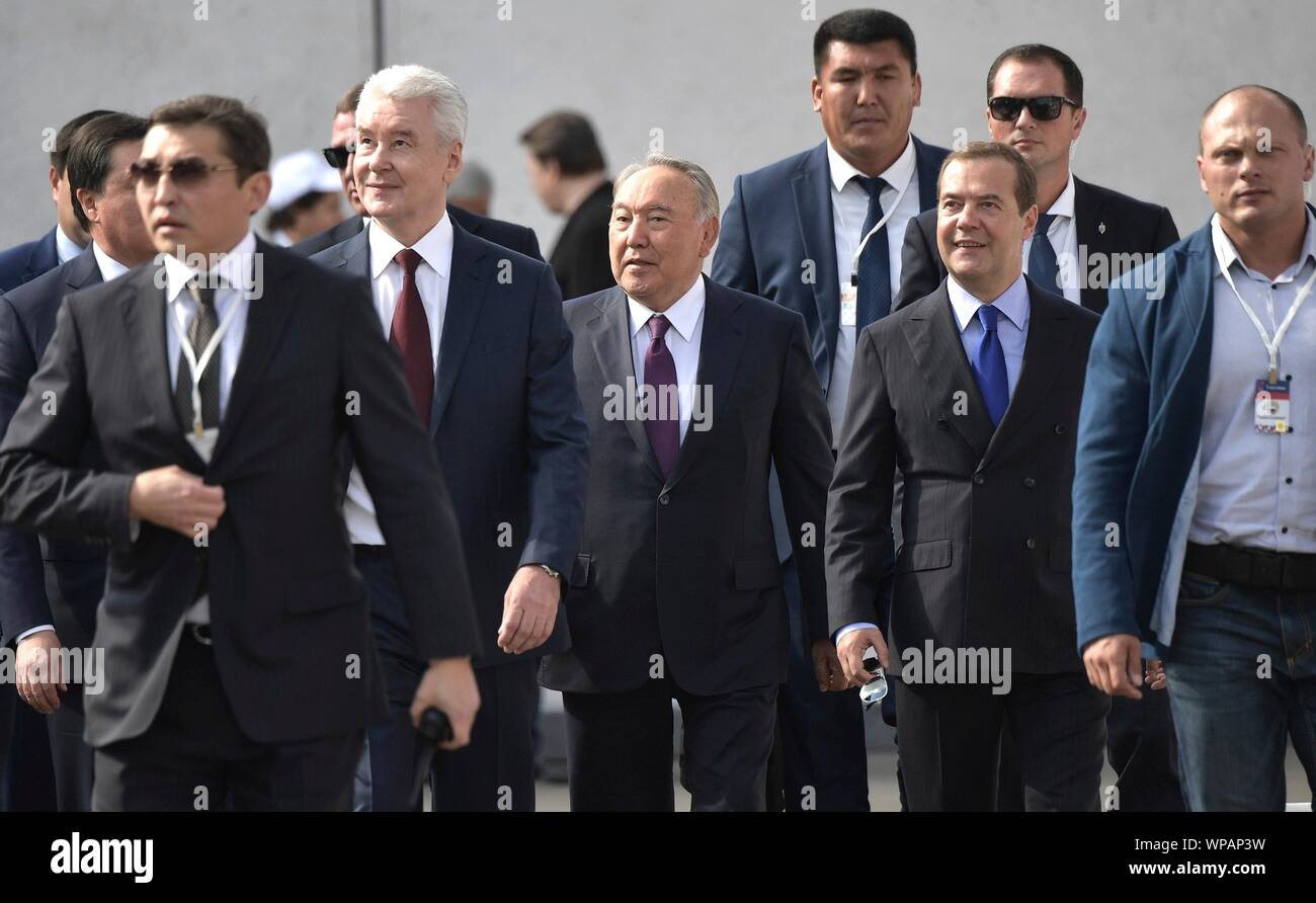 Moscow, Russia. 07 September, 2019. Moscow Mayor Sergei Sobyanin, left, walks with Kazakh President Nursultan Nazarbayev, center, and Russian Prime Minister Dmitry Medvedev, right, during Moscow City Day celebrations at VDNKh Event Center September 7, 2019 in Moscow, Russia.   Credit: Aleksey Nikolskyi/Kremlin Pool/Alamy Live News Stock Photo