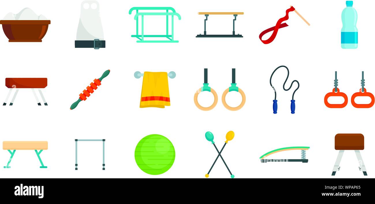 Gymnastics equipment icons set. Flat set of gymnastics equipment vector icons for web design Stock Vector