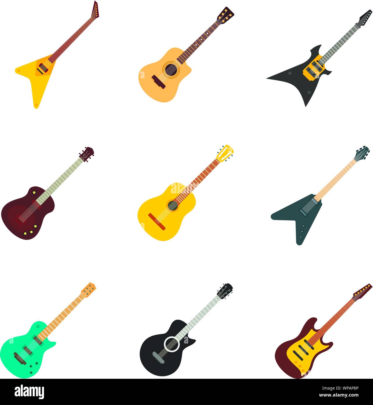 Guitar icons set. Flat set of guitar vector icons for web design Stock