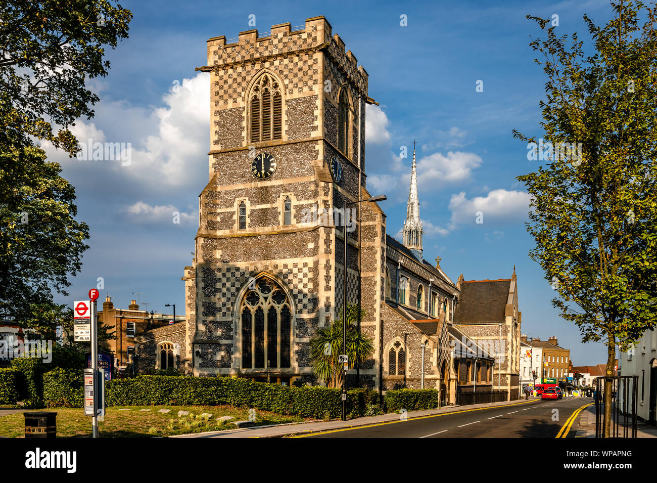 View of St John the Baptist Church, in Chipping Barnet, London. Built around 1250, it stands at the junction of Wood Street and High Street. Stock Photo