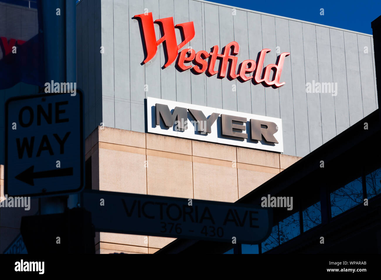 Westfield and Myer logo at Chatswood Sydney Australia Stock Photo