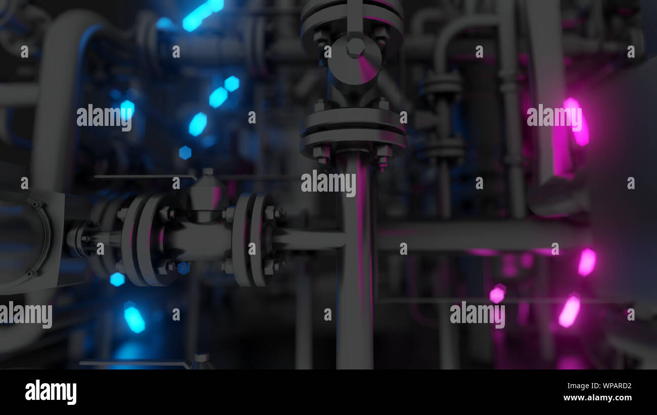 Abstract Industrial Equipment with Neon Lights. Ultraviolet light. 3D