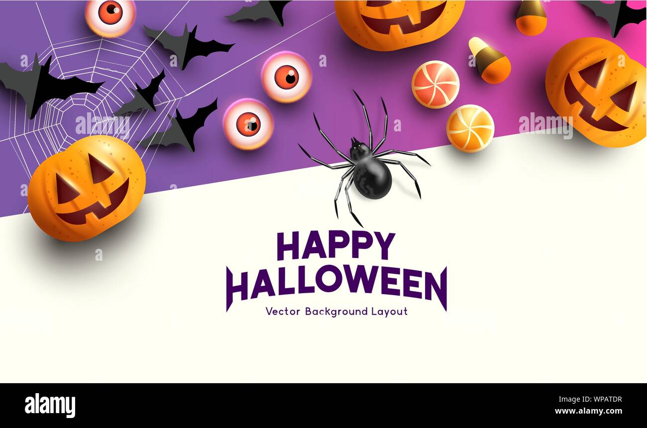 Happy halloween celebration background with Jack O Lantern pumpkins and spooky decorations. Vector illustration Stock Vector