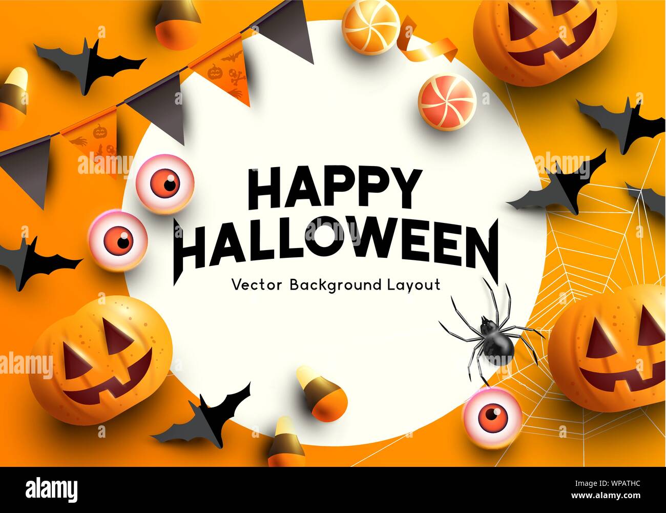 A set of halloween themed party decorations. Top down view with room for copy. Vector illustration Stock Vector