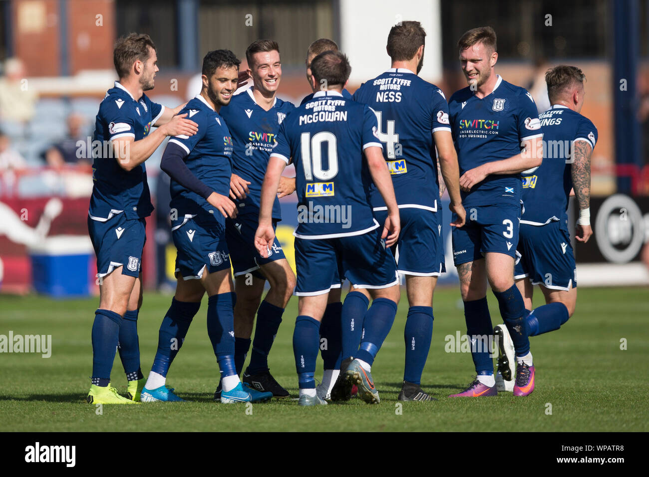Dundee, Scotland, UK. 8th September 2019; Dens Park, Dundee, Scotland; Scottish Challenge Cup, Dundee Football Club versus Elgin City; Cammy Kerr of Dundee is congratulated after scoring for 1-0 in the 18th minute - Editorial Use Only. Credit: Action Plus Sports Images/Alamy Live News Stock Photo