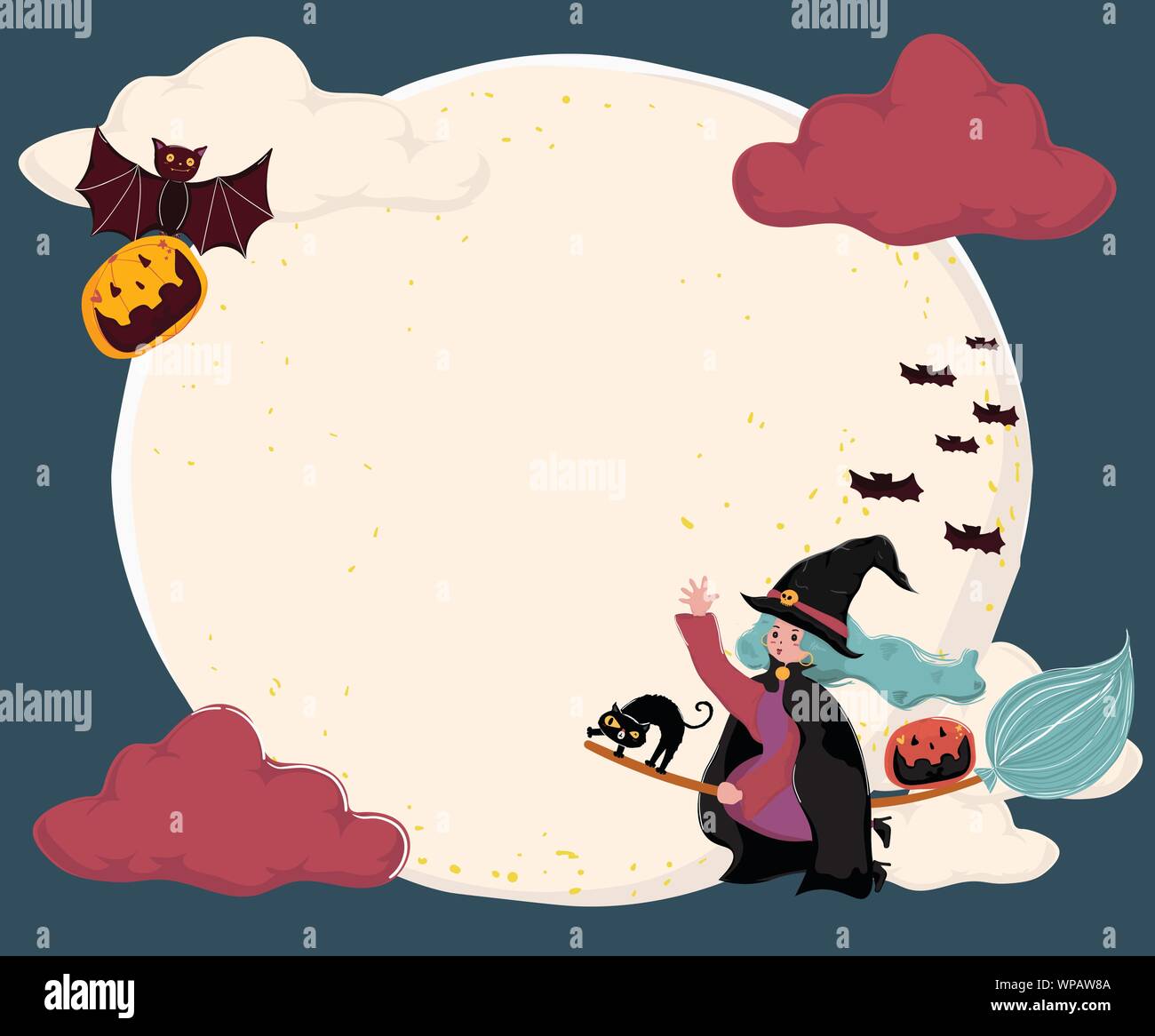 Witch Riding A Bat cute flat vector a witch ride a magic bloom, flying over the full moon ...