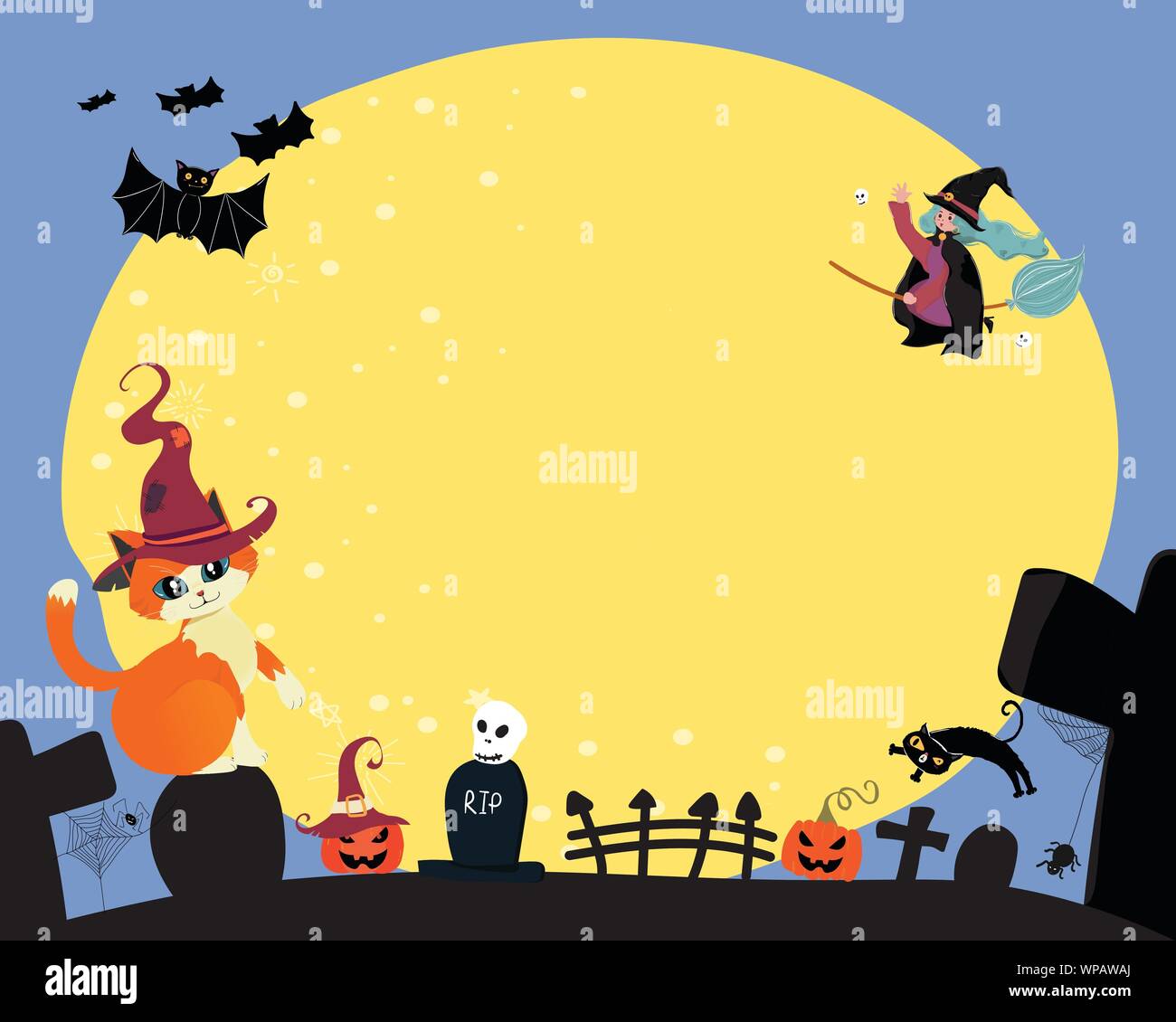 Witch Riding A Bat cute flat vector happy halloween a witch ride a magic bloom, flying ...