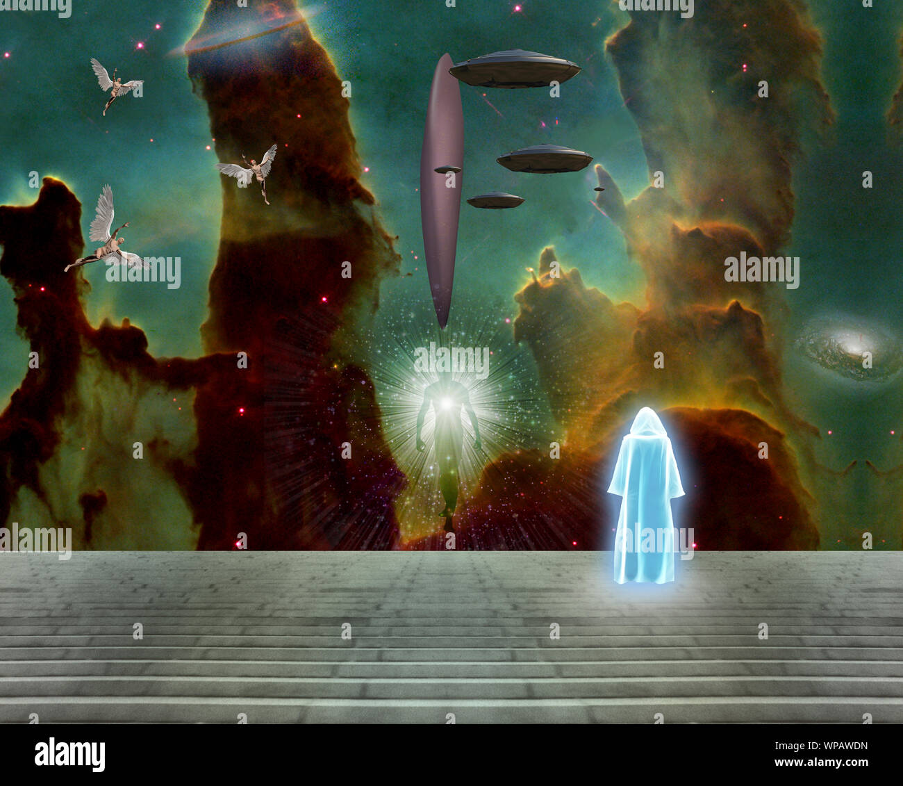 Angelic Worldscape Surreal landscape. Shining human spirit. Spacecrafts and angels in ...