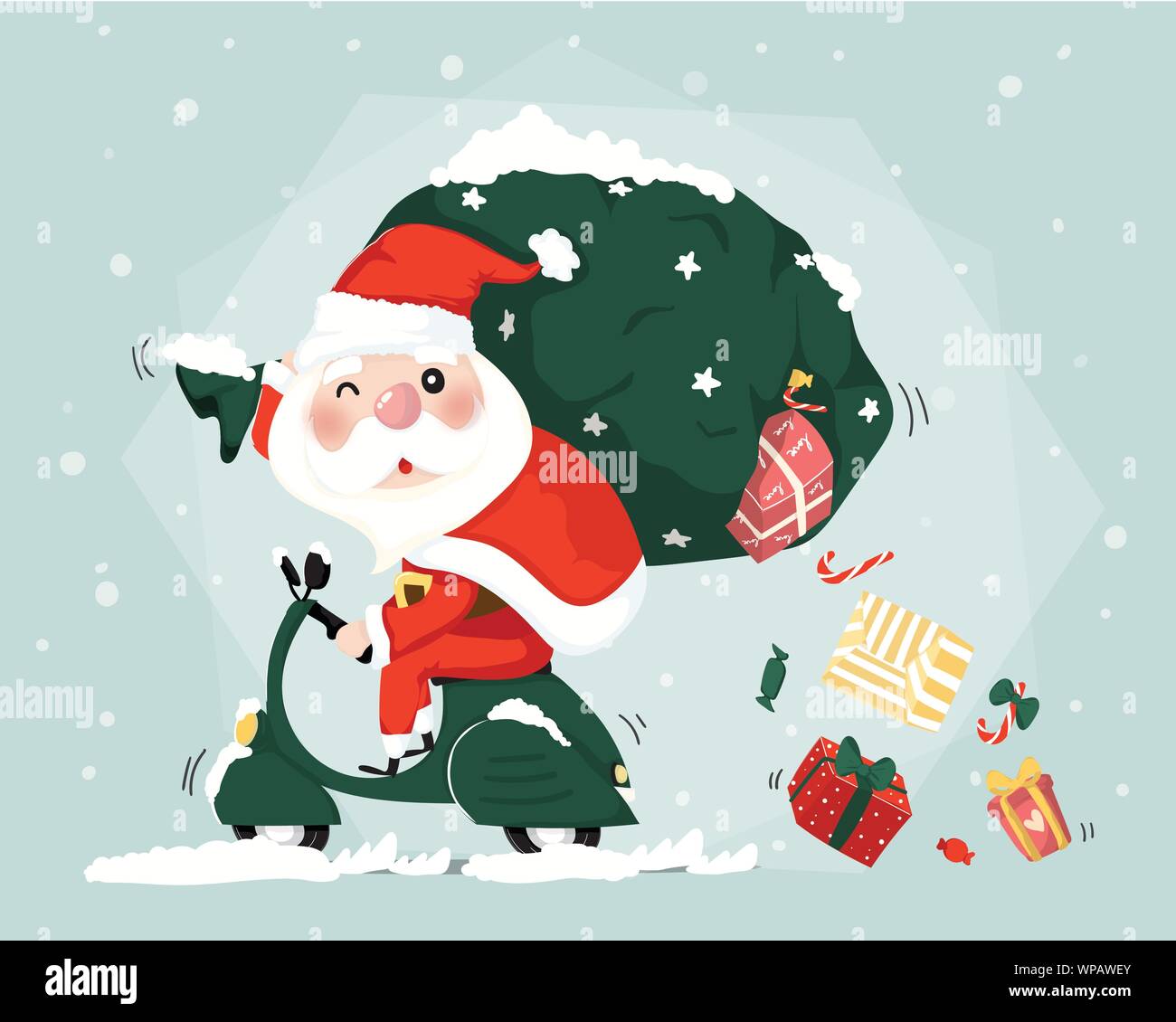 Santa clause ride scooter delivery present boxes  christmas cute flat vector Stock Vector