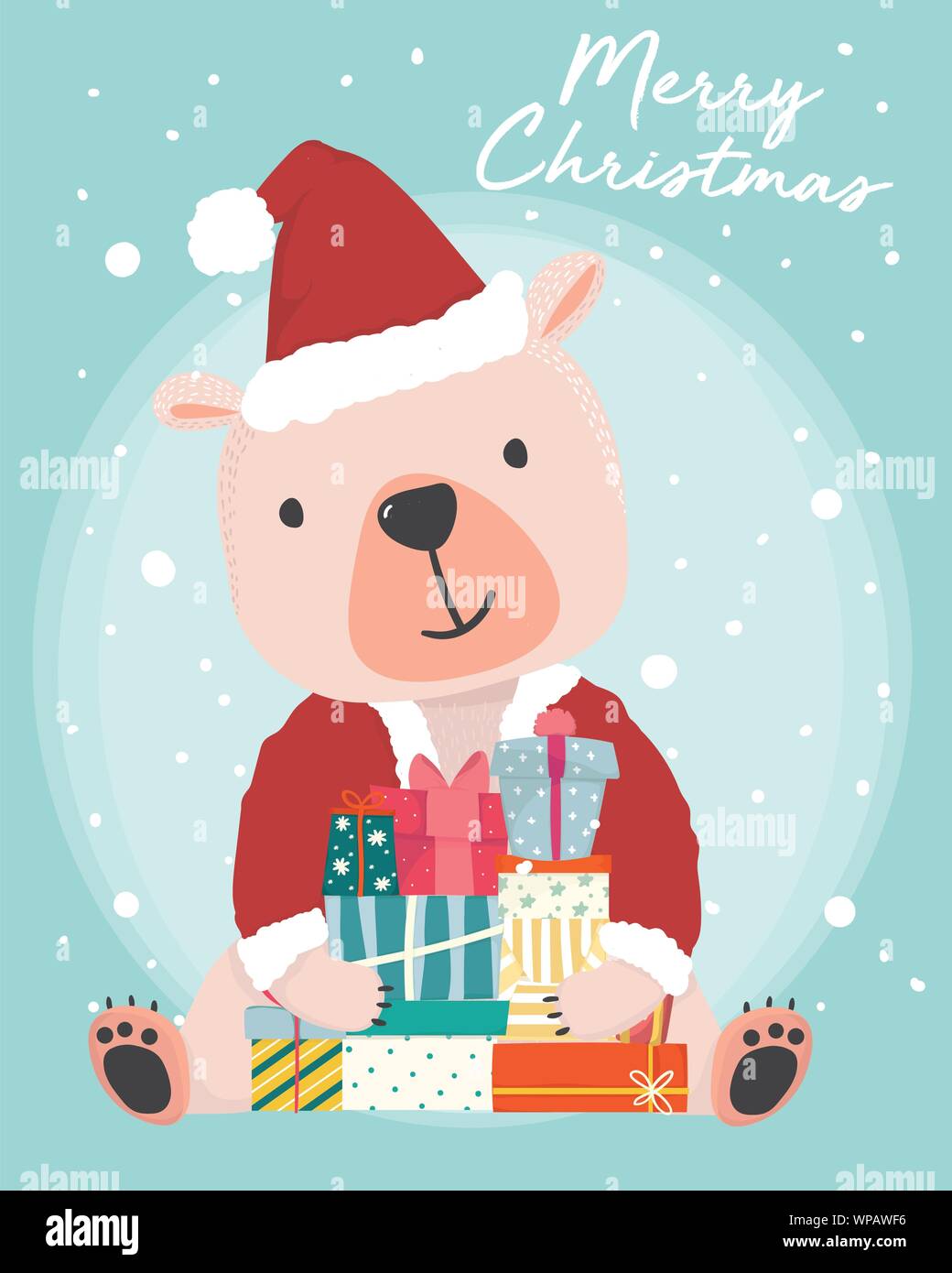 happy cute brown bear wear Santa Claus outfit holding present gift boxes with snow falling in background, idea for card, banner, wallpaper or printabl Stock Vector