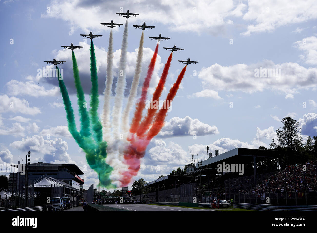 Monza, Italy. 8th Sep, 2019. Frecce tricolori air display before the  Formula 1 Italian Grand Prix at Autodromo Nazionale Monza in Monza, Italy.  Credit: James Gasperotti/ZUMA Wire/Alamy Live News Stock Photo -
