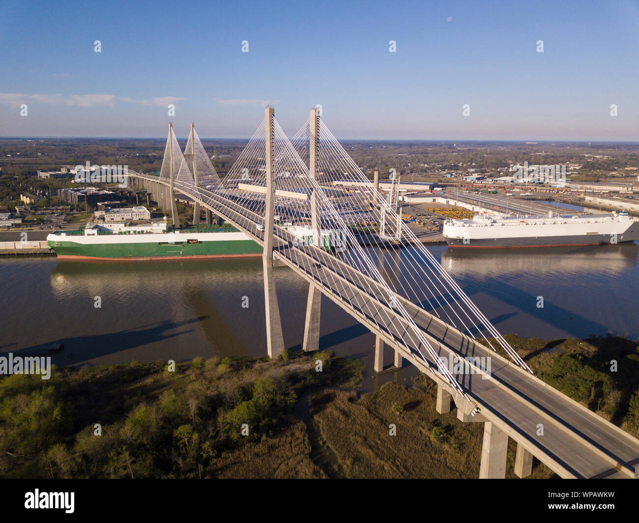 Aerial view of Talmadge bridge, a suspension bridge over the Savannah