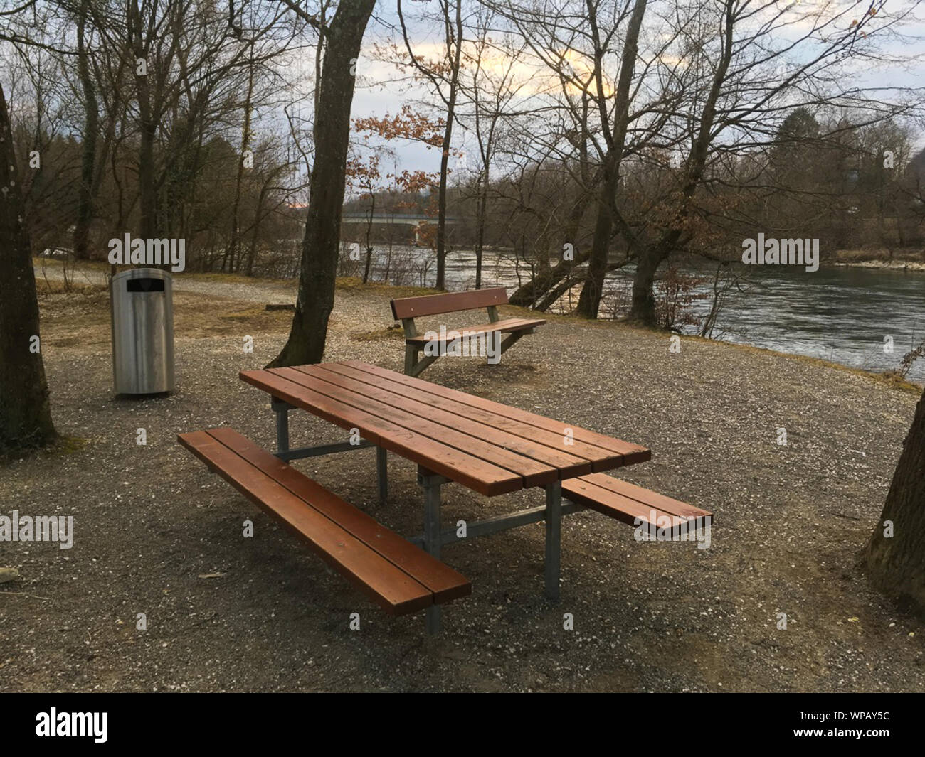 Empty picnic area in late winter in Brugg. Stock Photo