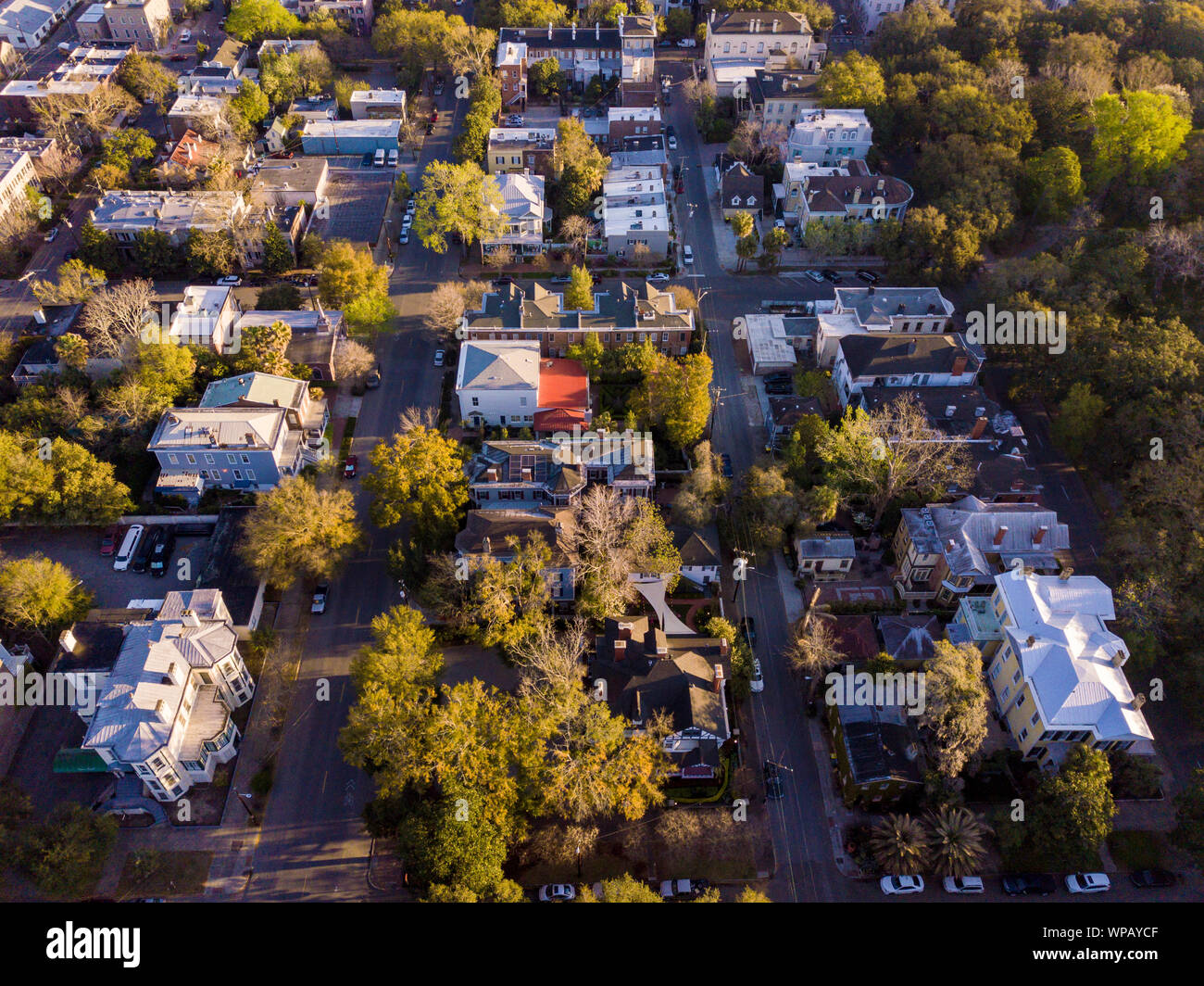 Aerial top down view of historic neighborhood in Savannah,