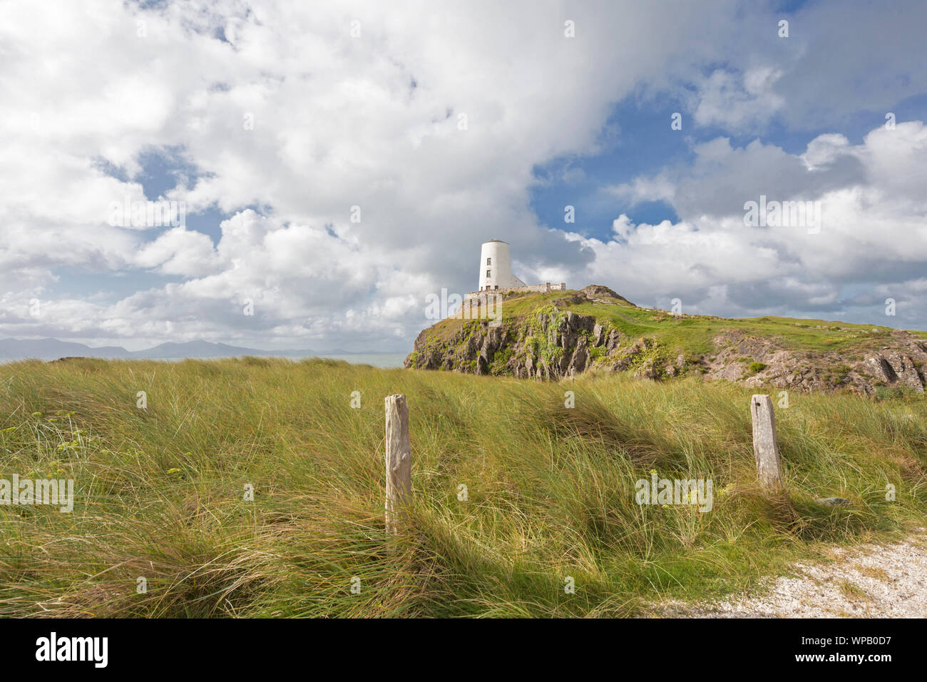 Tŵr Mawr lighthouse on Llanddwyn Island, 'Welsh;Ynys Llanddwyn', part of Newborough Warren National Nature Reserve , Anglesey, North Wales, UK Stock Photo