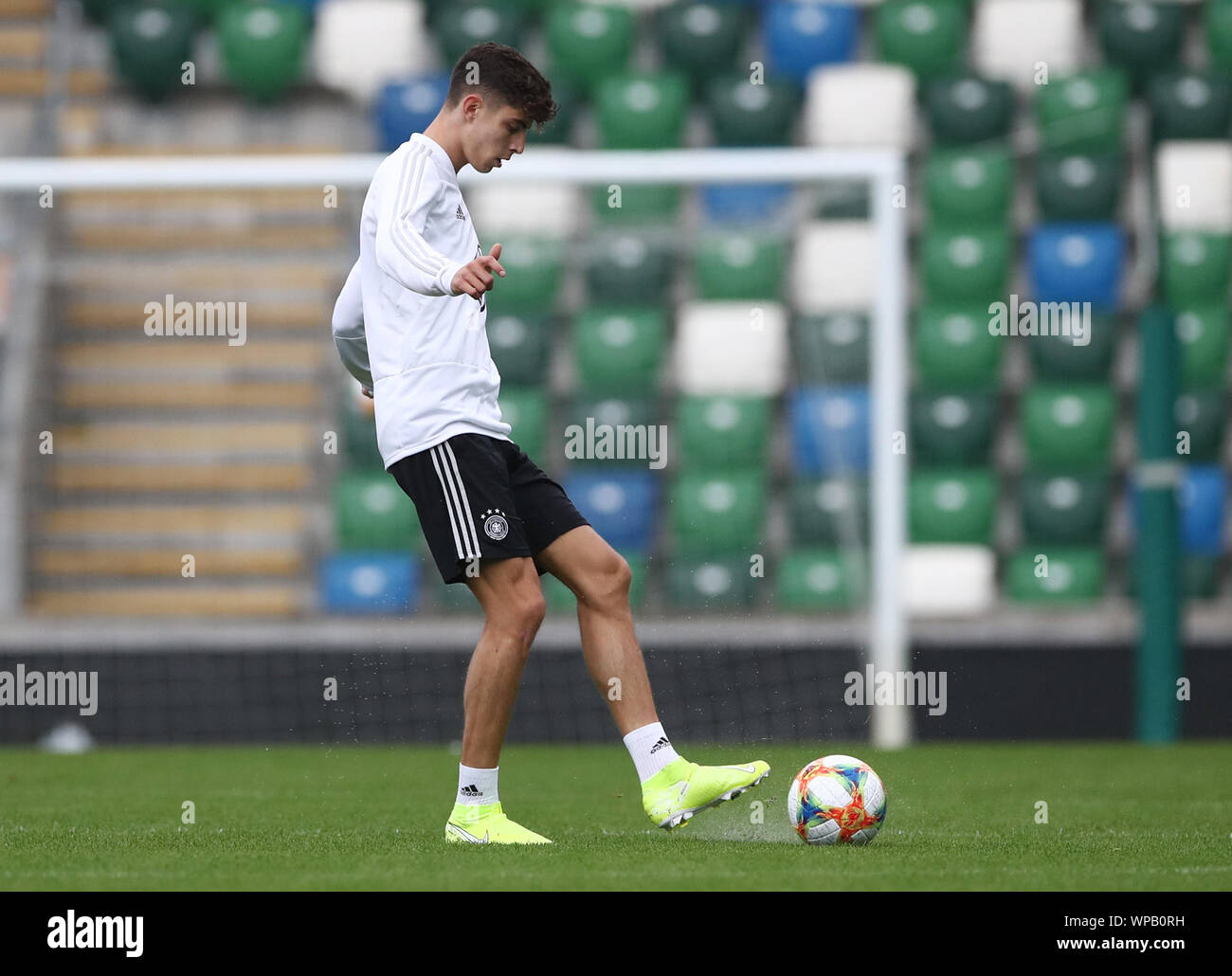 Belfast, UK. 08th Sep, 2019. Soccer: National team, final training Germany before the European Championship qualifier Northern Ireland - Germany in Windsor Park Stadium. National player Kai Havertz plays the ball. Credit: Christian Charisius/dpa/Alamy Live News Stock Photo